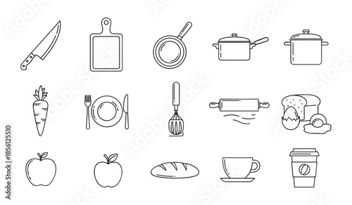 Kitchen Utensils and Food Icons Set Featuring Knife, Cutting Board, Pans, and Bread Keywords: kitchen, cooking, food, knife, cutting board, pan, pot, carrot, plate, fork, whisk, rolling pin, bread