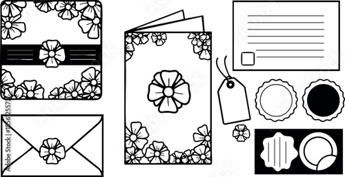 Floral wedding stationery set with envelope tag card and decorative elements vector illustration 