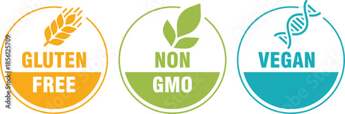 Set of 'Gluten Free', 'Non GMO', 'Vegan' Product Label Icons. Vector Badges Isolated on White Background.