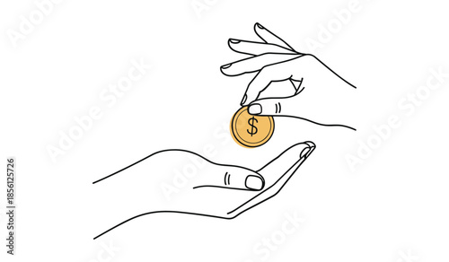 Line Art Illustration of Hands Exchanging a Coin with Dollar Sign exchange giving