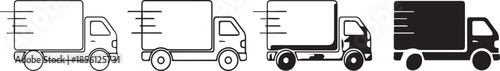 Series of delivery trucks in minimalist style with white and black backgrounds