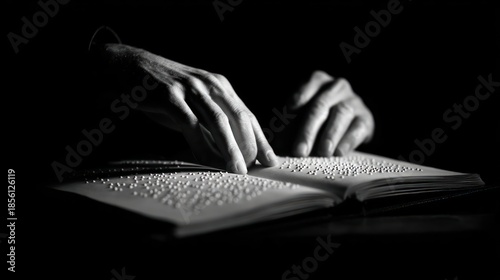 Timeless black-and-white photo of Braille reading, dramatic lighting