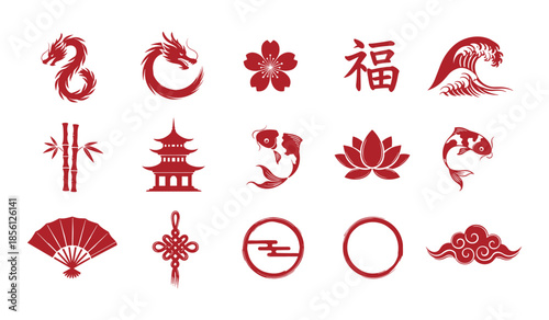 Red Asian Cultural Icons Including Dragon, Koi Fish, Pagoda, and Wave Keywords: dragon, koi fish, pagoda, wave, cherry blossom, lotus, fan, knot, cloud, red, asian, culture, icon, symbol