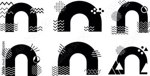 Abstract black horseshoe magnet icons with decorative geometric patterns vector set 
