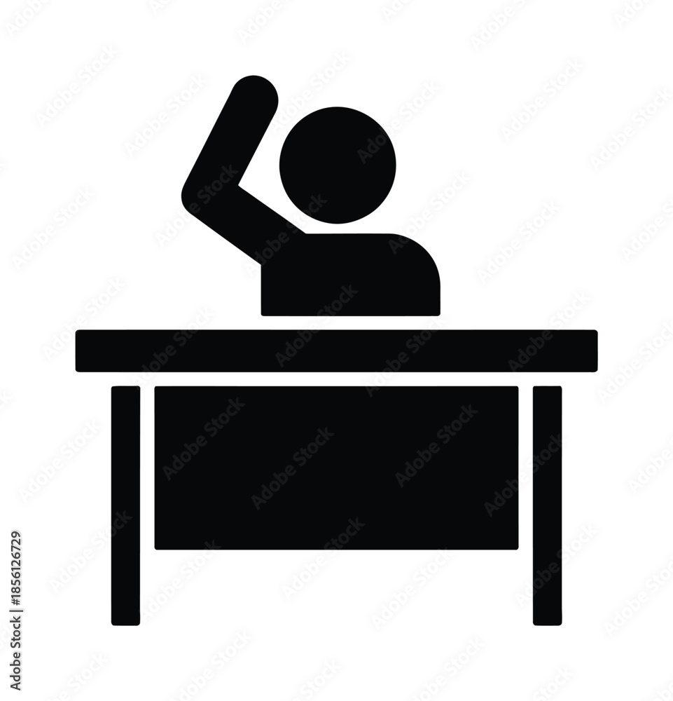 Fototapeta premium Vector icon of student raising hand behind desk