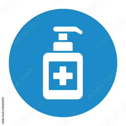 Vector icon of a hand sanitizer bottle with pump on blue background