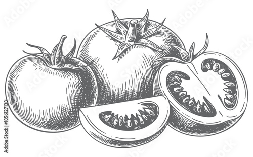 Vintage botanical tomato cluster illustrated in classic engraved linework.