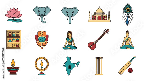Diverse Set of Indian Culture Icons Including Elephant, Taj Mahal, Yoga, Sitar, and India Map on Isolated White Background