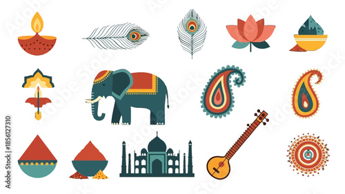 Vibrant Set of Indian Culture Icons Featuring Diya Lamps, Elephant, Taj Mahal, Sitar, and Paisley Motifs on Isolated White Background