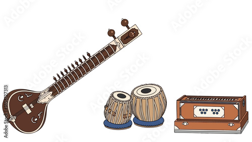 Traditional Indian Musical Instruments Sitar, Tabla, and Harmonium, Illustrating Indian Classical Music on Isolated White Background