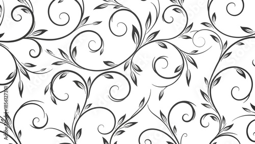 Elegant Black and White Floral Swirl Pattern with Leaves on a Bright White Background