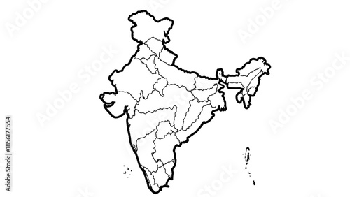 Outline Map of India with State and Union Territory Borders on Isolated White Background