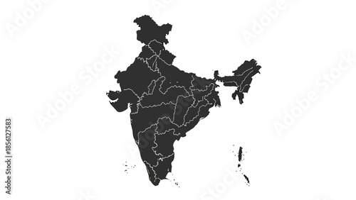 Shaded Grey Silhouette Map of India with Internal State Borders on Isolated White Background