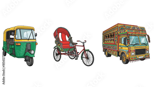 Set of Traditional Indian Transport Vehicles: Auto Rickshaw, Cycle Rickshaw, and Truck, on Isolated White Background