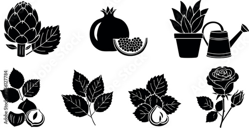 Silhouette vector set of artichoke pomegranate plant watering can hazelnut rose leaves illustration 
