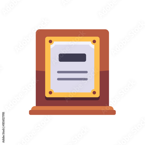 Wooden award plaque with golden plate, icon, isolated flat style vector illustration