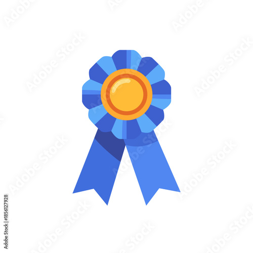 Blue award ribbon rosette badge with tails, icon, isolated flat style vector illustration