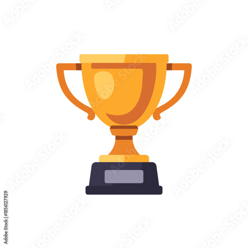 Golden trophy cup on black base, icon, isolated flat style vector illustration