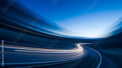 Blurry highway with light trails on a blue background at dusk or dawn