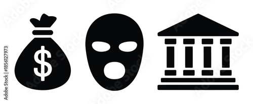 Vector icons depict money bag mask and bank building