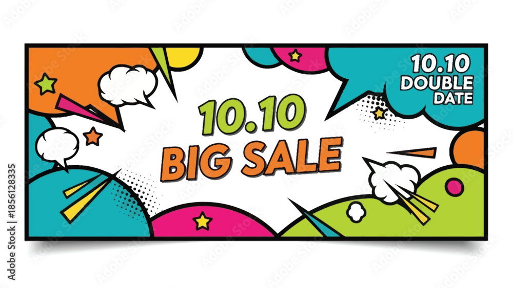 Fototapeta premium Colorful rectangular banner with '10.10 BIG SALE' and '10.10 DOUBLE DATE' text surrounded by comic-style graphics and speech bubbles on a white background.