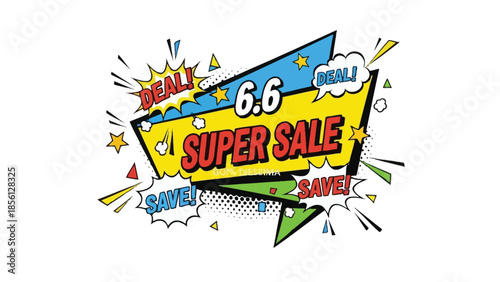 Vibrant comic-style illustration of a 6.6 super sale advertisement with colorful text and graphics on a white background.
