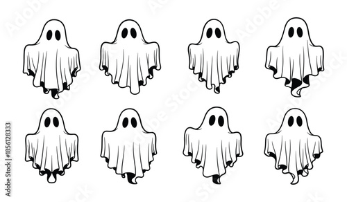 Set of Black Outline Ghost Icons with Wavy Edges on White Background Keywords: ghost, spirit, phantom, specter, apparition, Halloween, spooky, scary, cute, cartoon, character, icon, symbol, design