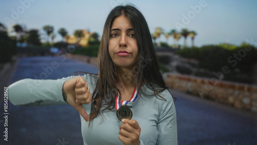 Vászonkép Young hispanic woman holds a bronze medal and makes a thumbs-down gesture on a street; disappointment setback