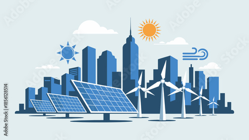 solar panels and wind turbines in a modern city skyline vector illustration, renewable energy and sustainable urban development