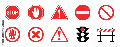 set of red warning and prohibition signs, featuring stop, hand, danger, no entry, traffic light, and barrier icons, flat vector illustration for workplace safety, road signage, hazard prevention, and 
