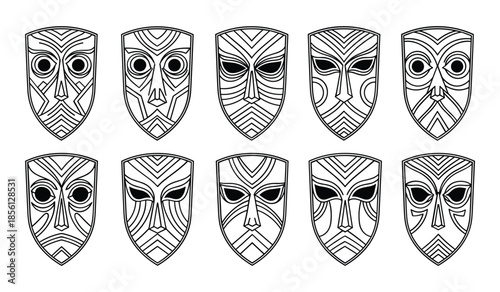 Set of Ten Stylized Tribal Masks with Geometric Patterns and Dark Eyes african ancient