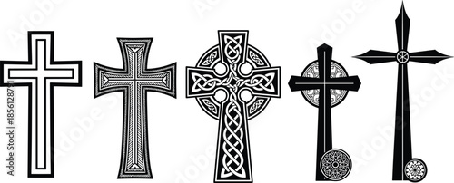 Christian cross silhouette collection, religious Celtic crosses set, black and white faith symbols, church Christianity vector illustration