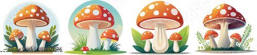Vibrant cartoon mushrooms in lush green environments with spots