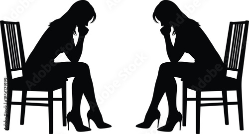 Sad woman silhouette sitting on chair, thinking posture, depression concept, loneliness emotion, mental health stress illustration isolated vector