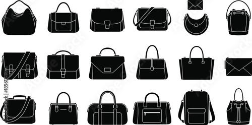 Women handbags silhouettes collection, fashion purse backpack clutch tote bag icons, black white accessories vector illustration set