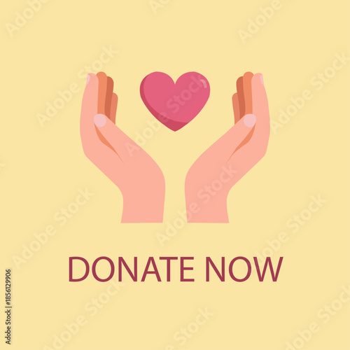 Hands holding a pink heart with a donate now message on a yellow background