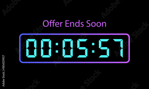 A digital countdown timer displaying offer ends soon with neon lights against a black background