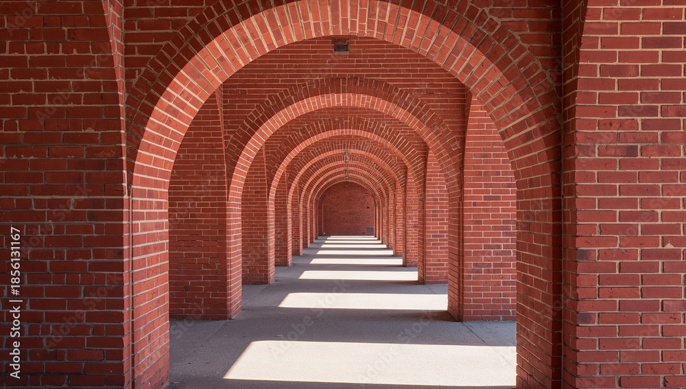 Obraz premium Brick Arches Tunnel Perspective, Light and Shadow Play, Repetitive Architectural Forms.