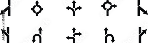 Road traffic sign way direction collection set navigation signage showing directions junctions intersections traffic circles diversions crossroads isolated vector illustration collection traffic signs