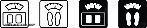 Set of four weight scale line and glyph icons representing health measurement devices for monitoring body mass and fitness progress in personal care or medical settings