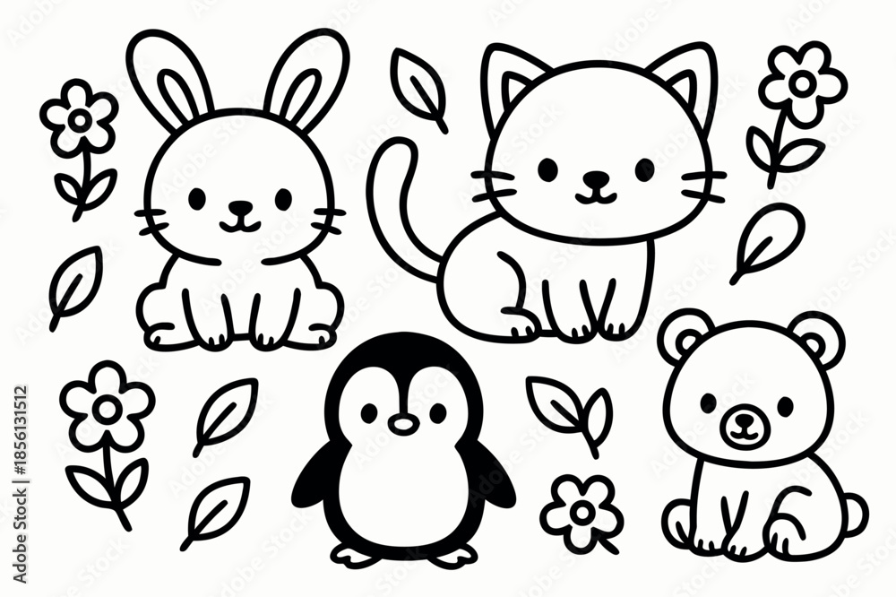 Fototapeta premium Cute Animal Outline Characters Illustration Set