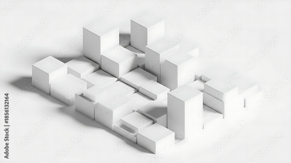 Fototapeta premium Simple white 3D cube blocks on a white surface with soft shadows, minimalist geometric background and clean composition