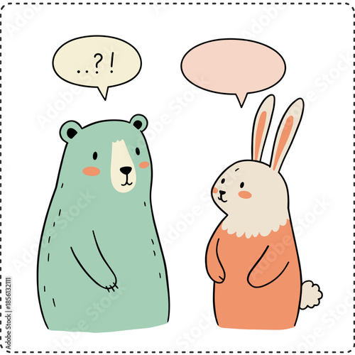 cartoon bear and rabbit talking with empty speech bubbles for children education, psychological blogs, greeting cards and storytelling presentations, with copy space