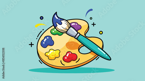 Cartoon Artists Palette with Colorful Paints and Paintbrush.