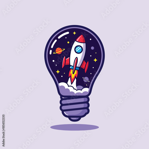 Cartoon light bulb with rocket launching into space symbolizing innovation and new ideas.