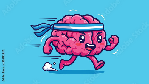 Cartoon pink brain running fast with a blue headband illustrating mental activity and health.
