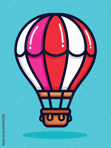 Colorful cartoon hot air balloon illustration with red pink and white stripes.