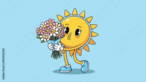 Cartoon sun character with puckered lips holding a vibrant flower bouquet.