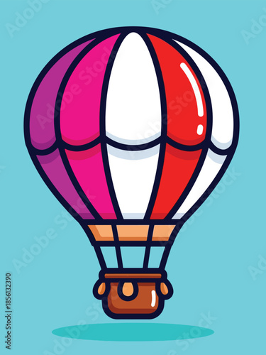 Colorful cartoon hot air balloon with red white and purple stripes featuring a brown basket.