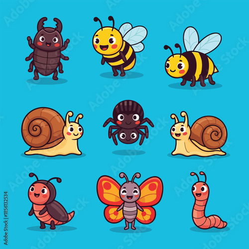 Cute cartoon insect and bug collection featuring friendly bees snails beetles spider butterfly and worm characters.